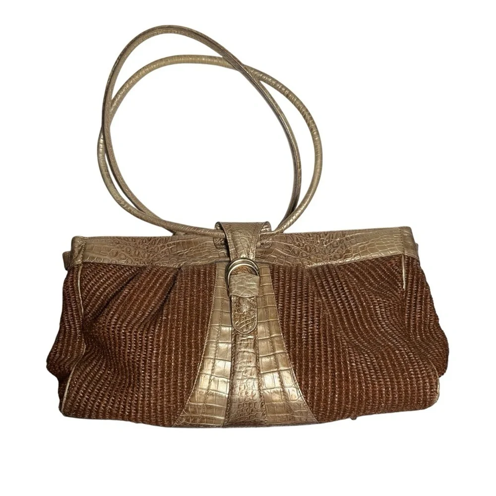 Brahmin Straw Satchel Bag Gold Crocodile Leather Brown Croc Shimmer